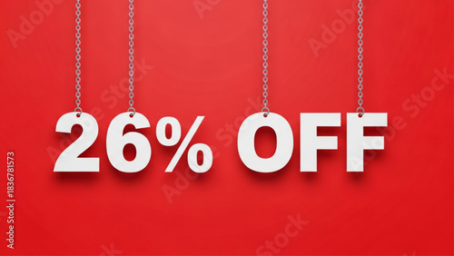 26 Percent Off Discount Sign Hanging on Red Background