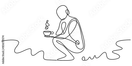 Continuous line art drawing of a minimalist person enjoying a comforting hot beverage, coffee or tea, steam rising from the cup. Vector, illustration