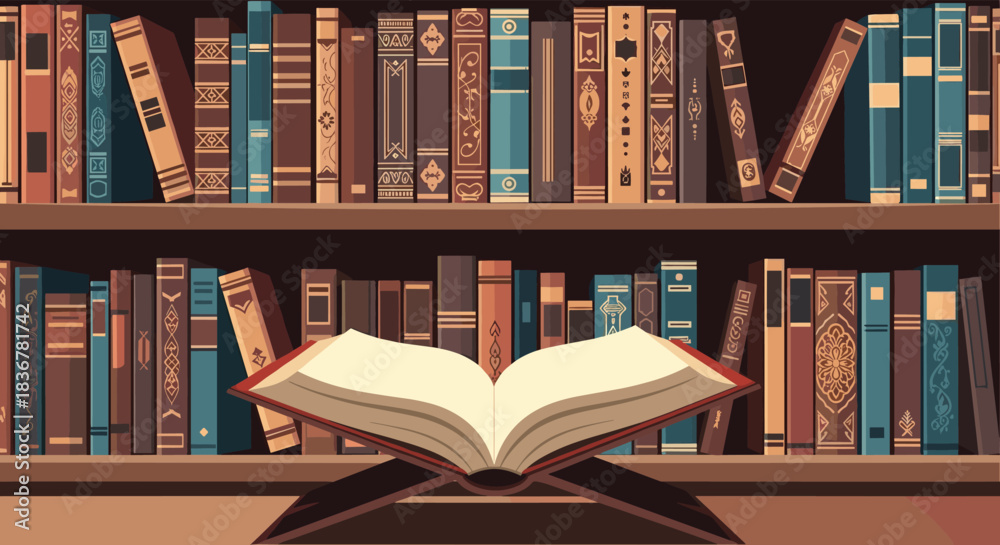 Fototapeta premium A detailed pixel art illustration of a library bookshelf filled with various old books, with a sacred open book placed on a stand in the foreground.