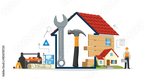 Home construction, renovation, and repair services concept with a house, tools, blueprints, and a builder.