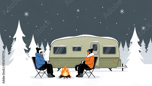 Cozy Winter Camping Scene with Campfire and Trailer Illustration