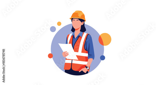 Professional woman engineer or construction worker in a hard hat and safety vest holding blueprints.