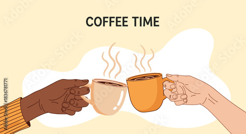 Two diverse hands clinking warm coffee mugs, enjoying a coffee break, with steam rising, illustrating a cozy and friendly coffee time moment.