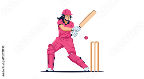 A female cricket player in a vibrant pink uniform is in batting action, ready to hit the ball during a match.
