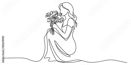 Continuous line drawing of a woman in profile, sitting gracefully and gently holding a fresh bouquet of flowers to her face, modern minimalist art Vector, illustration