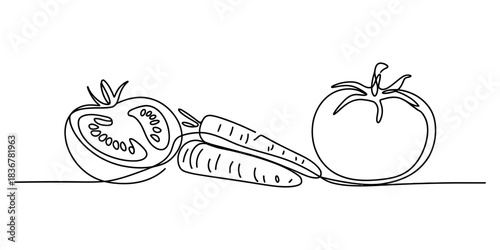 Continuous line art illustration of fresh vegetables, featuring two tomatoes (whole and halved) and carrots, minimalist healthy food concept Vector, illustration