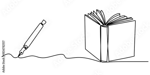 Continuous line drawing of an open book and a fountain pen writing a wavy line, isolated on continuous one line art of vector illustration