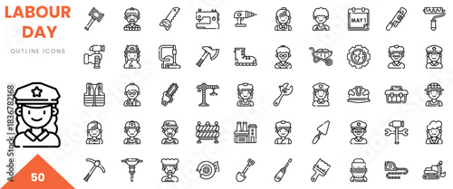 Diverse Labor Day icons, including professions like police, construction, and healthcare in a cohesive outline style.