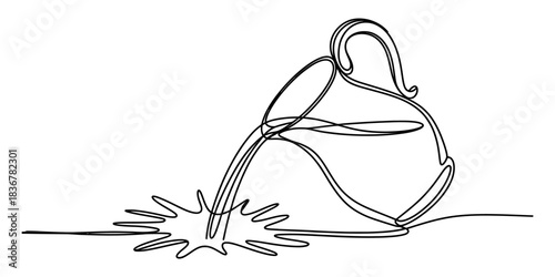 Continuous line drawing of a tilted pitcher spilling liquid, creating a splash on the surface, isolated on continuous one line art of vector illustration