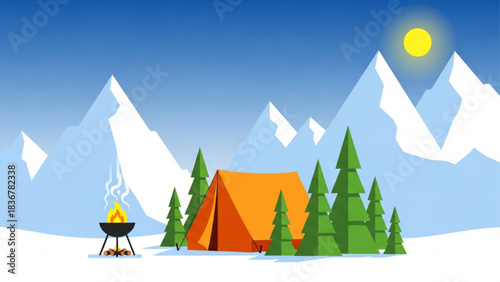 Alpine Winter Camping Landscape Illustration
