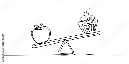 Continuous line drawing of an apple and a cupcake on a balance scale, representing health choice versus sweet treat indulgence Vector, illustration