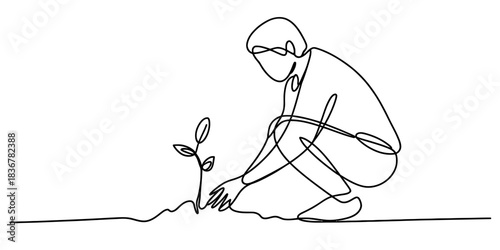 One line continuous drawing of a person planting a small seedling or sprout in the ground, isolated on continuous one line art of vector illustration