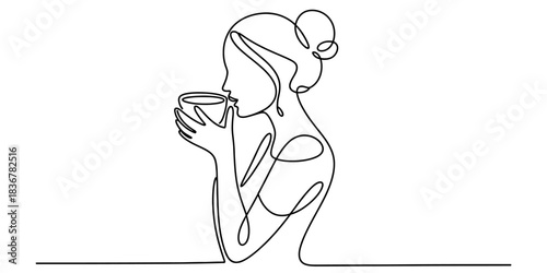 One line continuous drawing of a woman drinking from a cup, minimalist female portrait with beverage, isolated on continuous one line art of vector illustration
