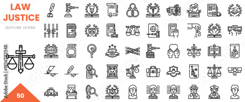 Collection of law and justice outline icons, including scales, gavel, and legal documents.