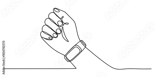 Continuous line drawing of a clenched hand wearing a sleek fitness tracker, symbolizing health, wearable tech, and personal wellness concept. Vector, illustration