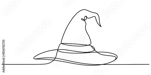 One line continuous drawing of a witch hat isolated on continuous one line art of vector illustration