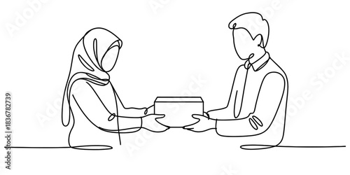 Continuous line drawing of a muslim woman in hijab giving a box to a man, illustrating charity, delivery, or a gift exchange concept Vector, illustration