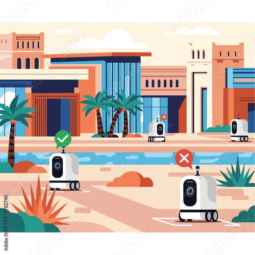 Future technology Autonomous delivery robots navigating a vibrant desert city with futuristic architecture