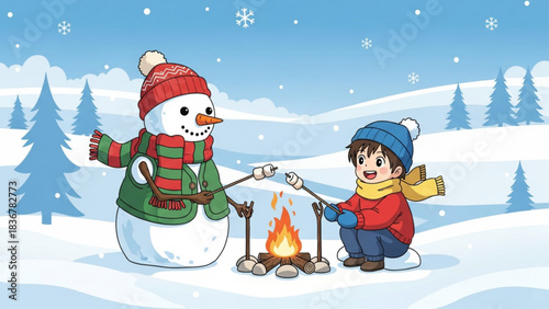 Boy and friendly snowman roasting marshmallows over a campfire in a snowy winter landscape.