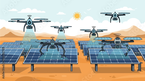Autonomous drones maintaining vast solar panel arrays in an arid landscape, illustrating the impact of future technology on sustainable energy solutions and efficiency