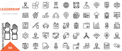 A collection of 50 leadership outline icons illustrating various concepts and strategies.