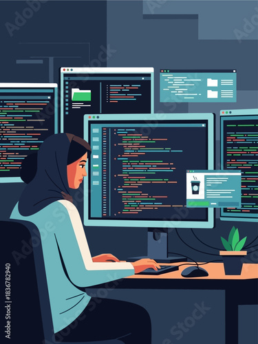 A dedicated software engineer harnessing the power of future technology, immersed in a multi-screen coding environment, driving digital innovation and progress