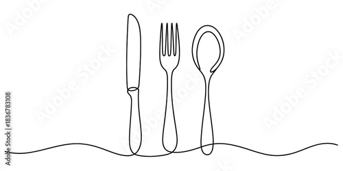 Continuous line drawing art of sleek knife, versatile fork, and classic spoon, representing elegant dining, meal, food, and restaurant concepts. Vector, illustration