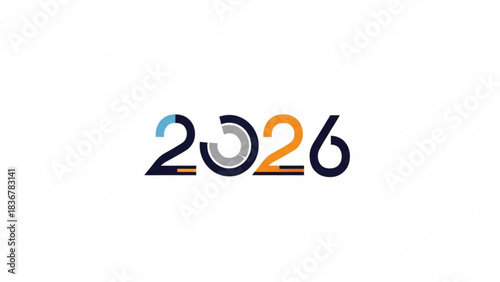 Stylized 2026 Year Number Design with Modern Geometric Shapes and Corporate Colors on White Background