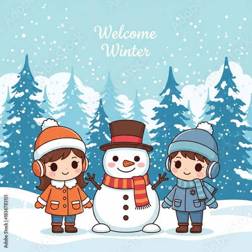Cute Cartoon Children and Snowman in Snowy Winter Forest Illustration