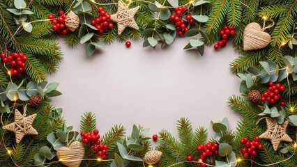 Green pine and eucalyptus Christmas border with warm lights and berries