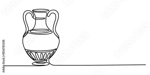 Continuous line drawing of an ancient style amphora vase with two handles, a classic vessel illustration symbolizing history and art Vector, illustration