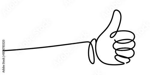 Minimalist continuous line art drawing of a human hand showing a positive thumbs up gesture, symbolizing approval, success and agreement. Vector, illustration