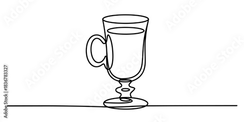 Irish coffee glass with hot beverage line art drawing, continuous one line style, isolated on continuous one line art of vector illustration
