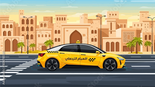 A modern yellow taxi, a symbol of future technology, cruises through a vibrant Middle Eastern cityscape, showcasing innovative urban transport in a setting where tradition meets progress