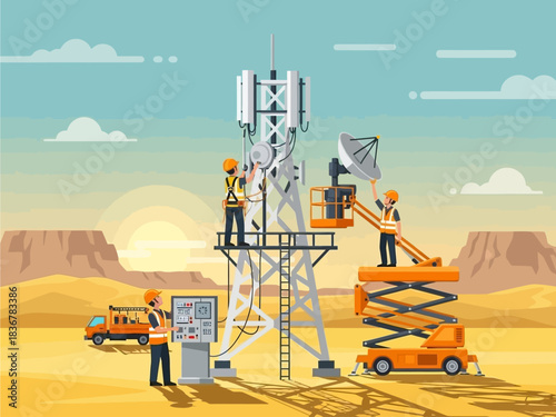 Technicians installing telecommunication tower symbolizing future technology and connectivity in a desert landscape