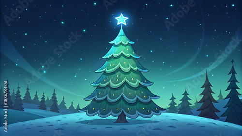 A beautifully decorated, glowing christmas tree with a bright star on top stands alone in a snowy, dark blue winter night landscape under a starry sky
