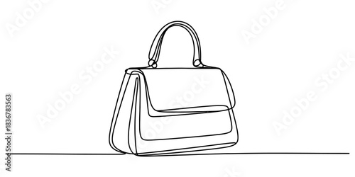 One line drawing of a classic ladies handbag with a top handle, isolated on fashion accessory sketch continuous one line art of vector illustration
