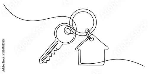 Continuous line art drawing of a house key with a home-shaped keychain, symbolizing property ownership, real estate, and residential security concepts. Vector, illustration