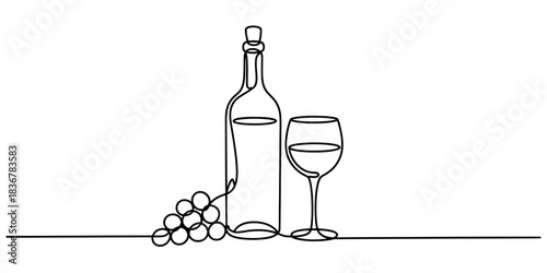 Continuous line drawing of a wine bottle, glass, and grapes. minimalist vector art for beverages, alcohol, celebration, and culinary themes. Vector, illustration