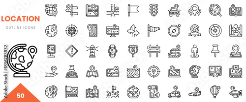 Stylized outline icons representing various location and navigation concepts.