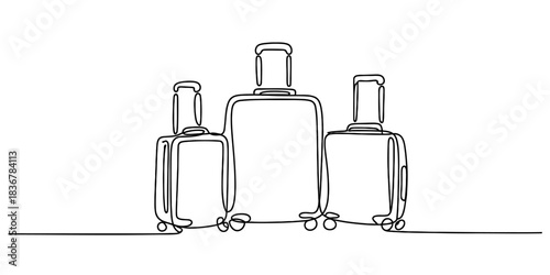 Three suitcases in continuous line art style, travel luggage set, isolated on continuous one line art of vector illustration
