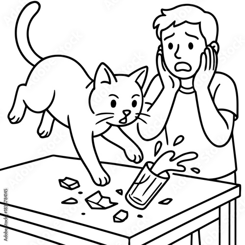 Mischief Unleashed: A cartoon depicts a cat's chaotic moment, leaping from a table as a glass of liquid shatters, the person reacts in shock.
