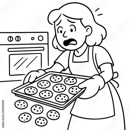 Oops, the Cookies Fell: Anxious person holds the cookie tray after cookies fall, a humorous illustration of culinary mishap. Capturing the frustration of baking failure. 