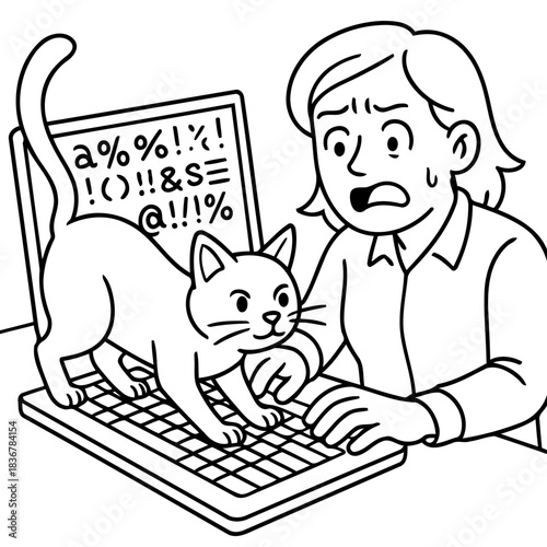 Mischief on the Keyboard: A playful feline disrupts a professional's workday, as the person reacts in comical shock to the cat's antics on the keyboard.