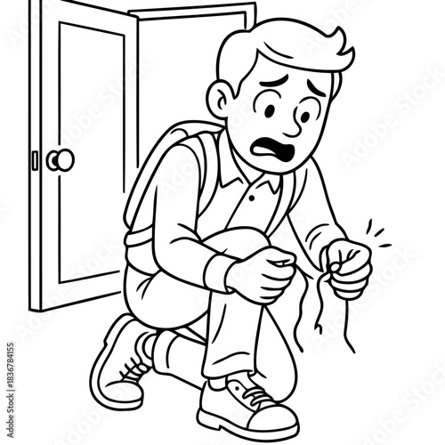 Torn Shoelace Dilemma: A concerned boy is kneeling down, he is looking at his broken shoelace and trying to fix it himself. Reflecting a moment of frustration and problem-solving.