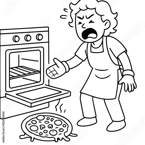Oops! Pizza Disaster: A cartoon illustration captures a comical kitchen mishap, with a frustrated person staring at a fallen pizza.