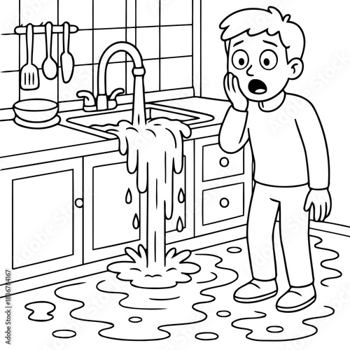 Unexpected Flood: A startled individual observes a kitchen sink overflowing with water, creating a chaotic flood in the area.