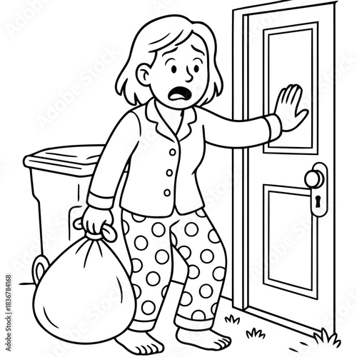Oops! Forgot the Garbage: An illustration showcases a woman, caught in a moment of distress outside a door. Her hand presses against the glass as she clutches a heavy bag of garbage.