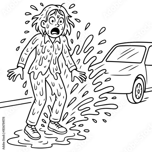 Watery Mishap: A woman finds herself soaked after a mishap involving water. With wide eyes and a look of shock, her clothes are drenched, highlighting the unexpected event. 