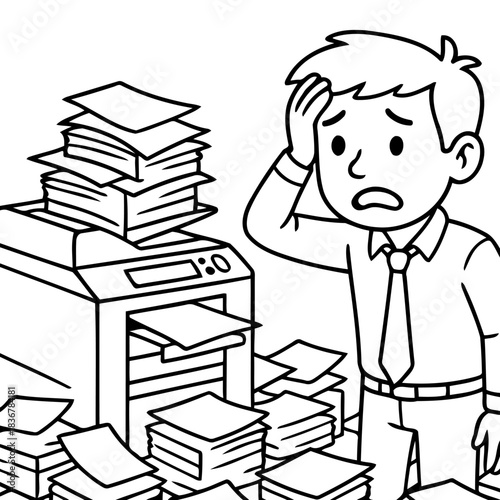 Paperwork Overload: A person is overwhelmed by a mountain of paperwork from the machine in office. capturing the stress of modern office life.